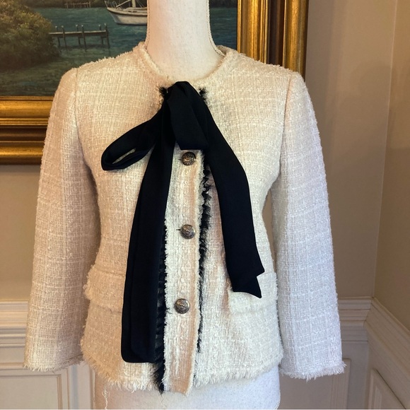 ZARA Ivory White Black Bow Tweed Blazer Jacket - Picture 2 of 12